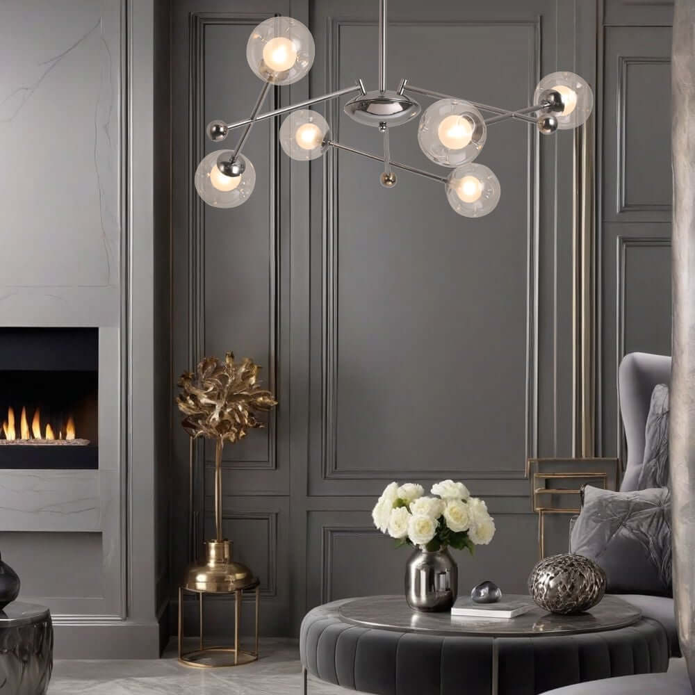 Silver Nordic Sputnik Chandelier with 6 Warm White Glass Shades