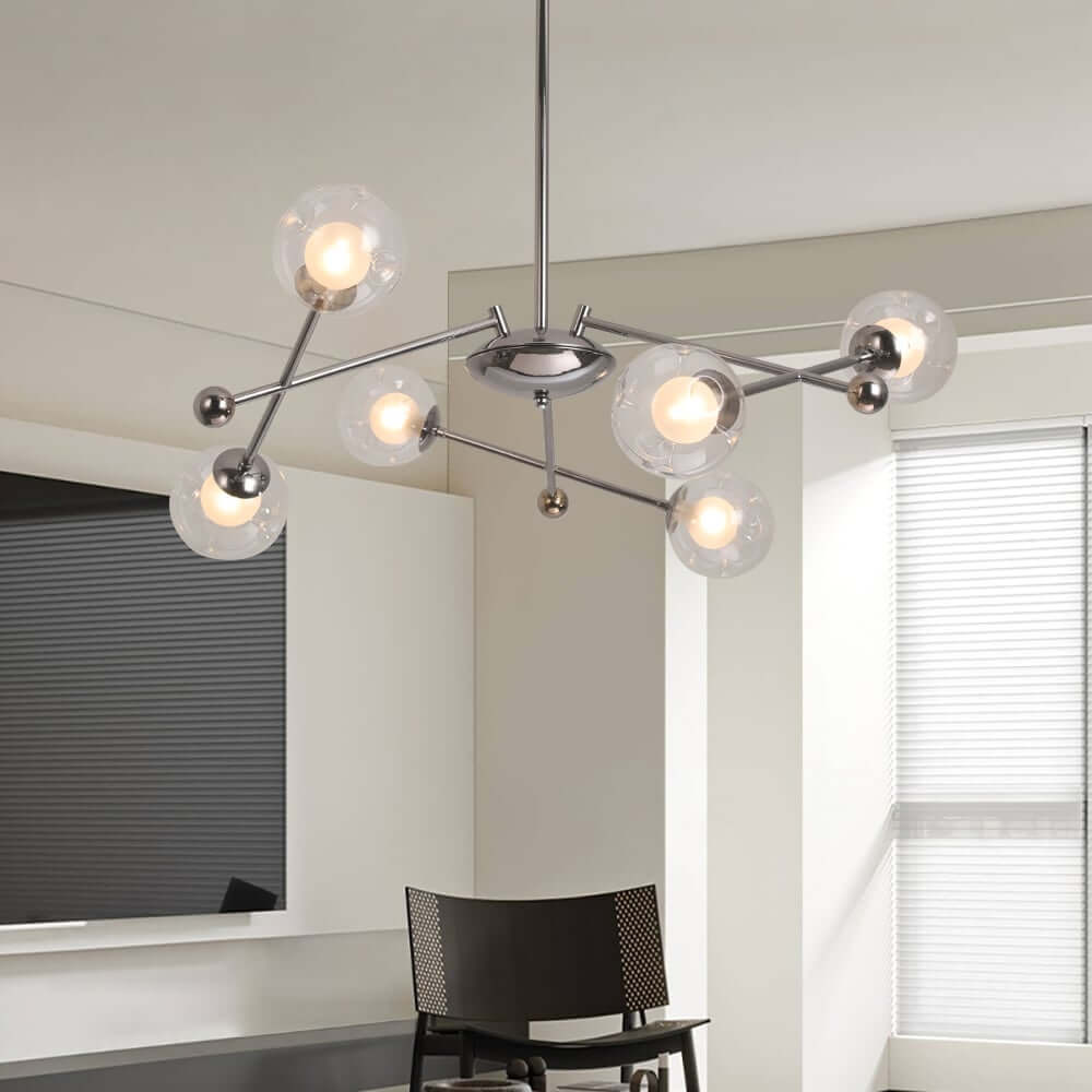 Silver Nordic Sputnik Chandelier with 6 Warm White Glass Shades