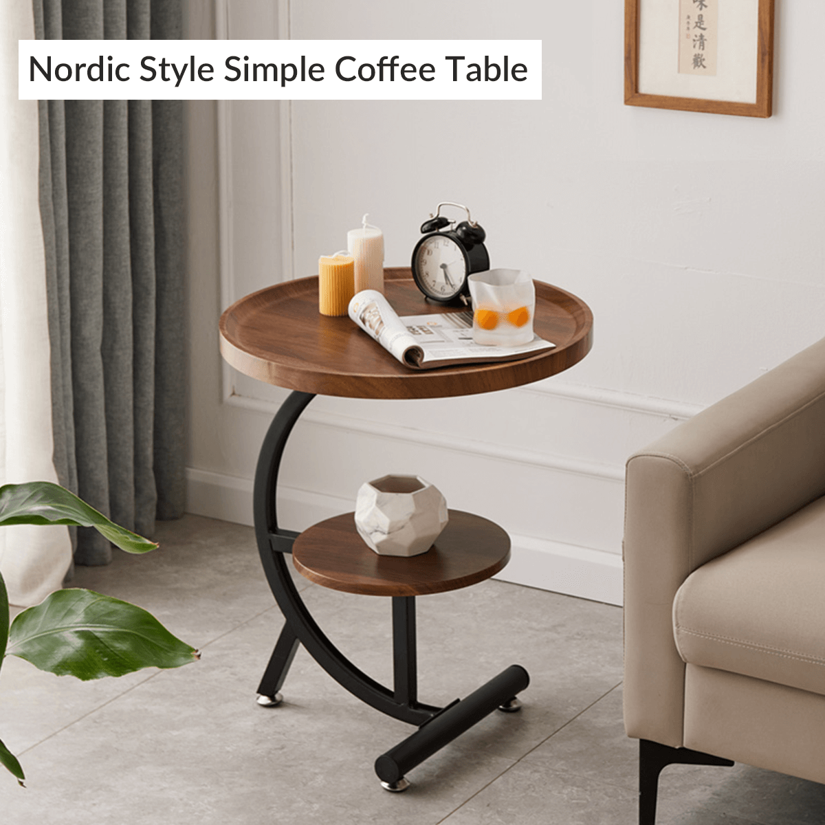 Simple Sofa Side Table With Iron Frame And Shelf