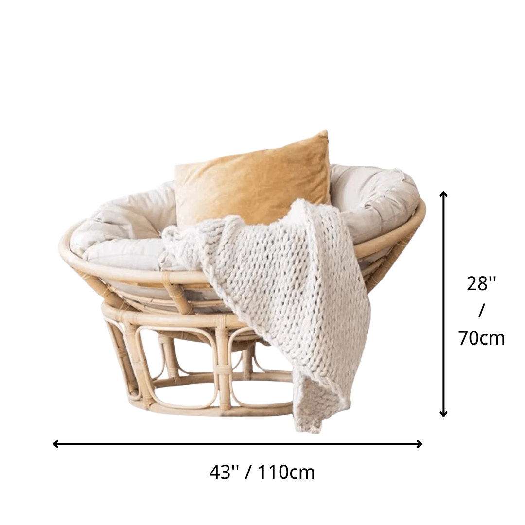 Cozy natural rattan papasan chair available in single or double size for comfortable lounging dimensions