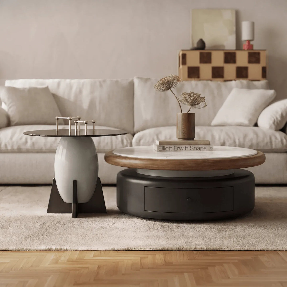 Sintered Stone and Glass Coffee Table Set with Sculptural Storage Base