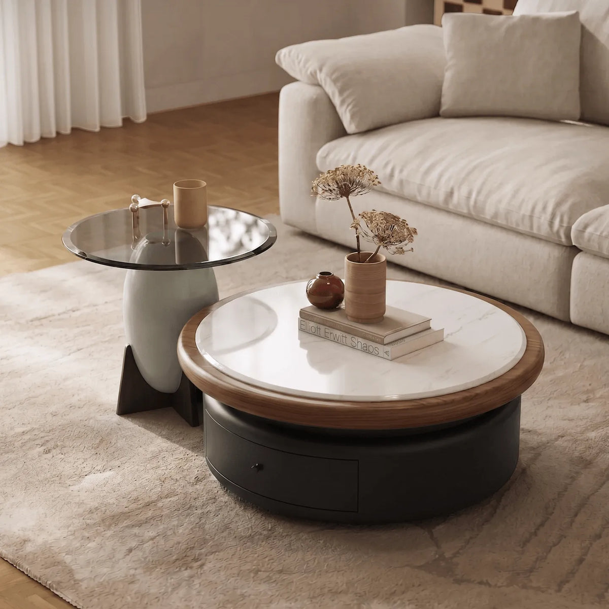 Sintered Stone and Glass Coffee Table Set with Sculptural Storage Base Main Product Image