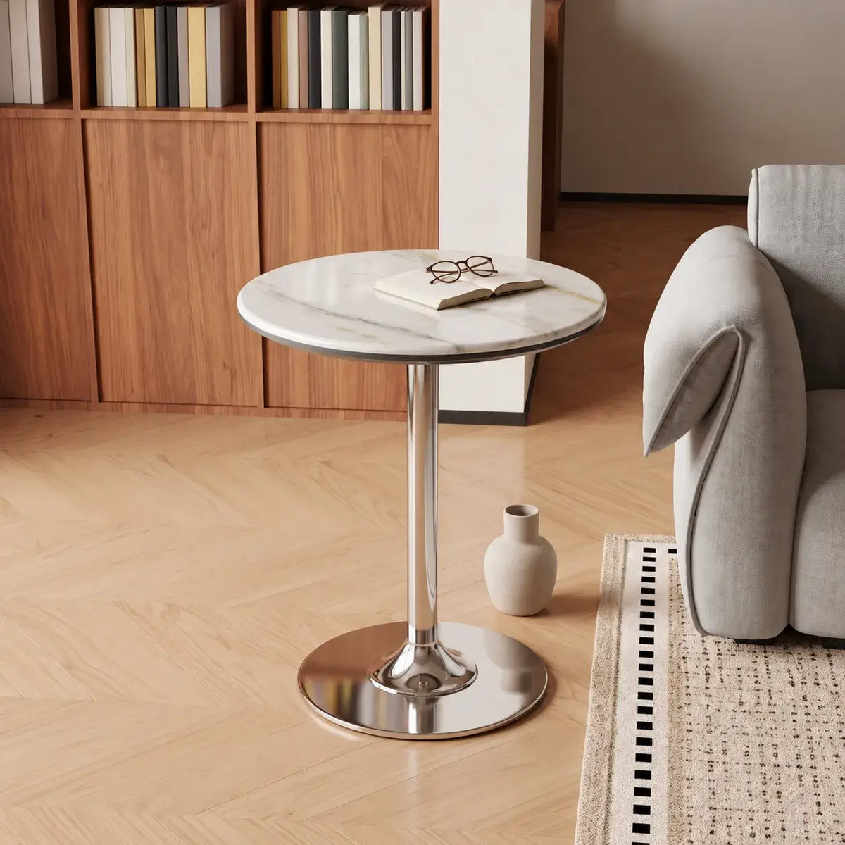 Sintered Stone Side Table with Mirrored Steel Base for Light Luxury Corners Main Product Image Imagen principal del producto