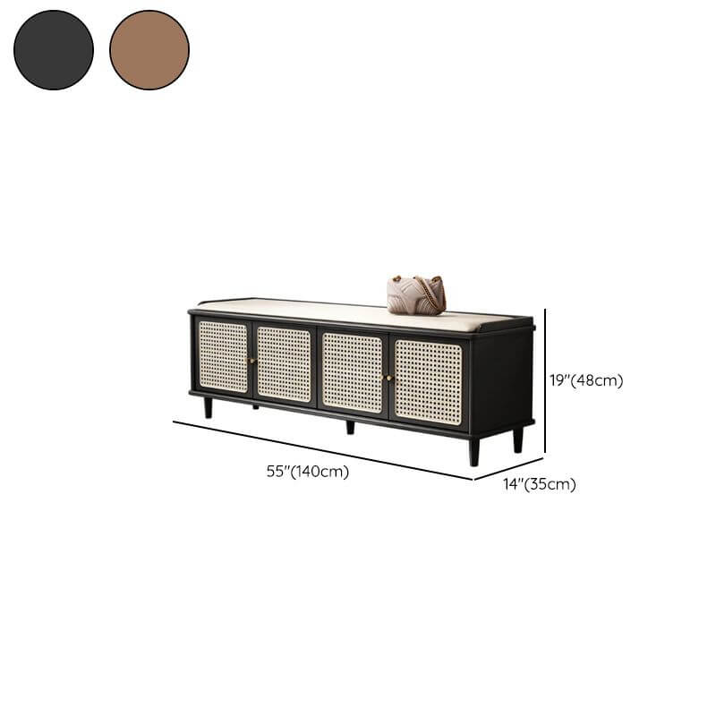 Nut-brown upholstered shoe bench with locker storage