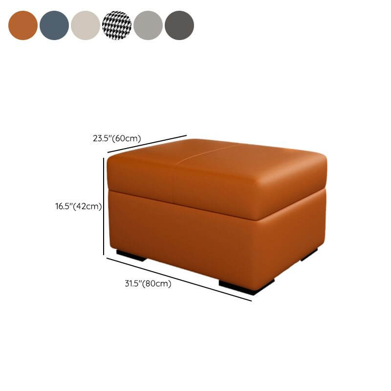 Beige faux leather storage ottoman with black detailing