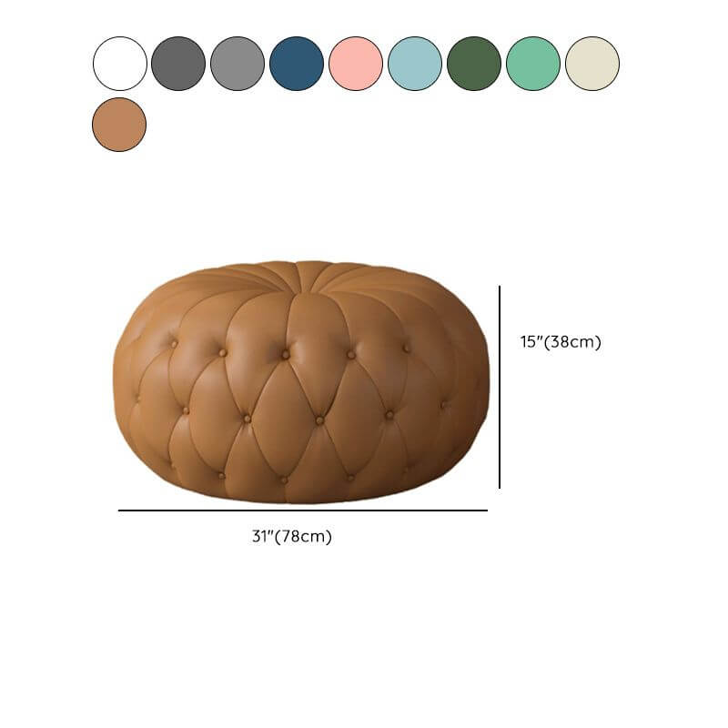 Light Khaki Round Ottoman with Tufted Design