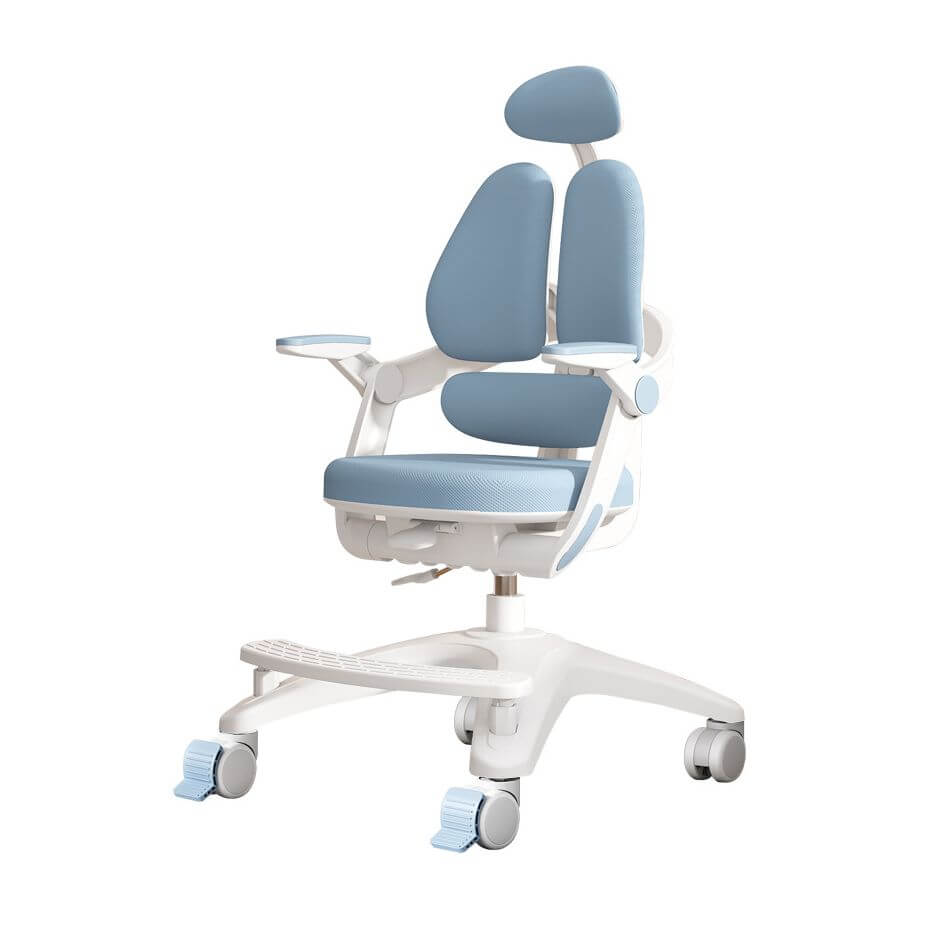 Sky Blue Upholstered Desk Chair with Adjustable Headrest and Arms
