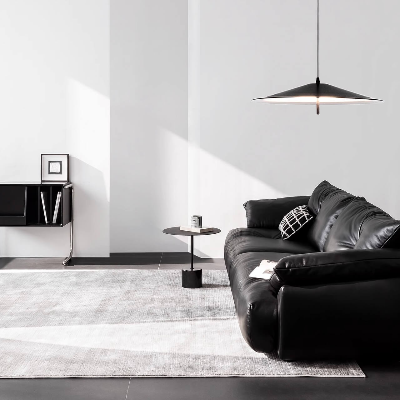 Luxury black minimalist sofa made of microfiber leather