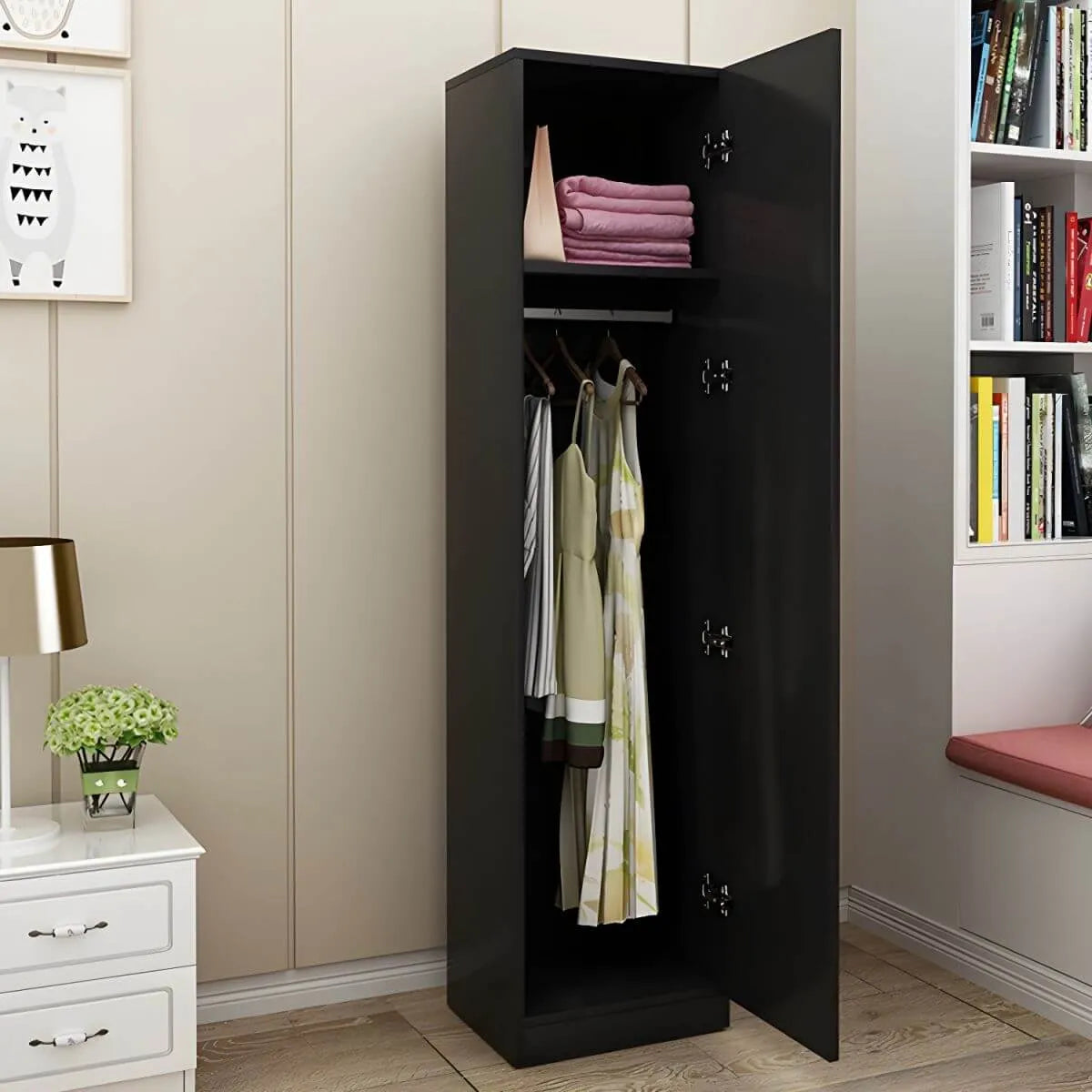 Slim Japandi Wood Armoire Cabinet With Shelves for Small Spaces