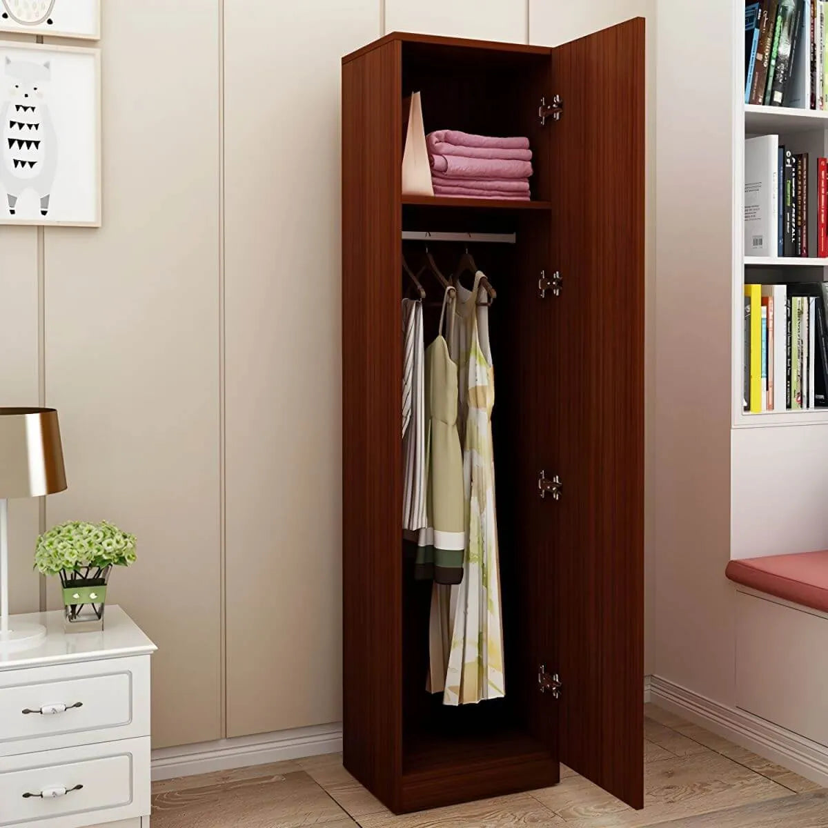 Slim Japandi Wood Armoire Cabinet With Shelves for Small Spaces