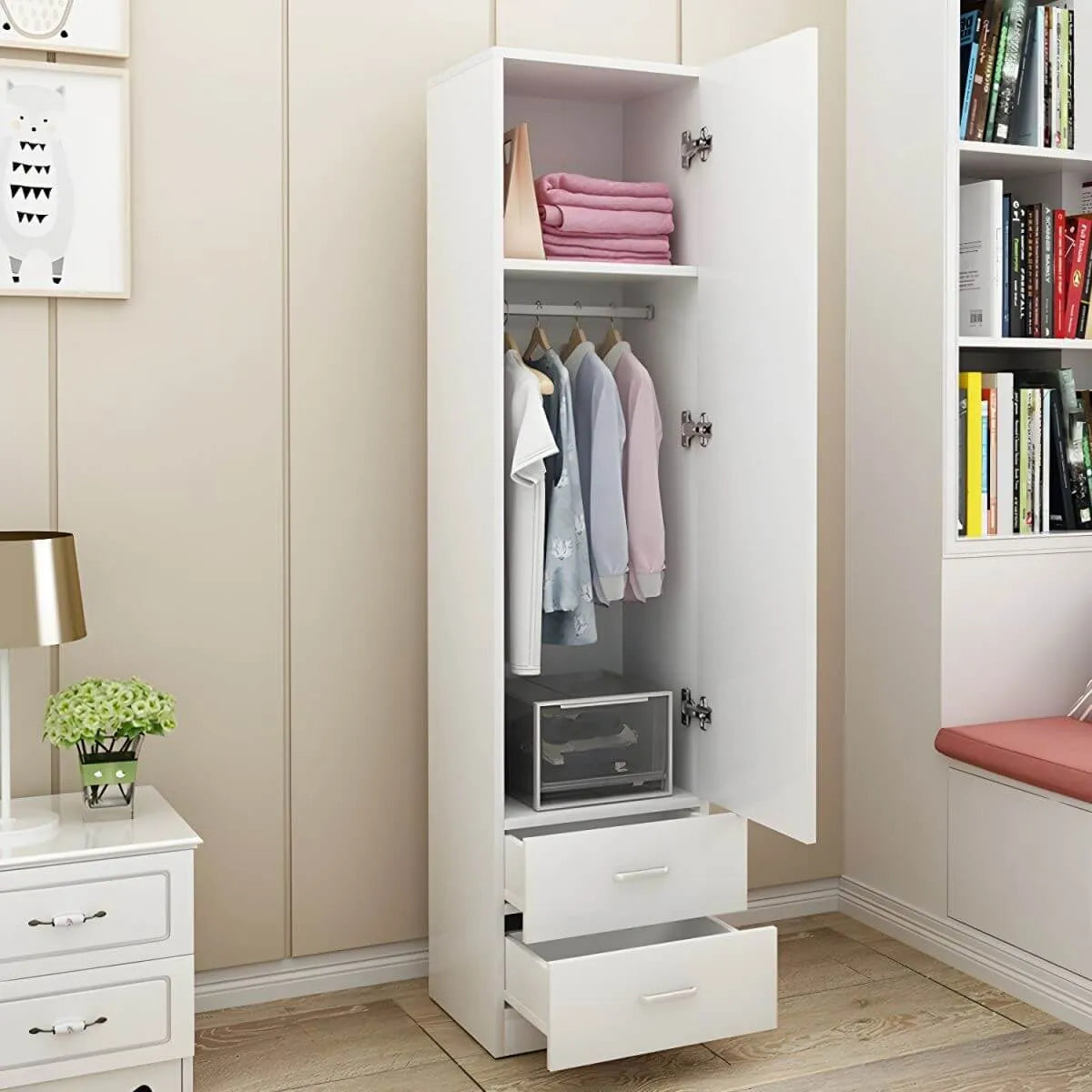 Slim Japandi Wood Armoire Cabinet With Shelves for Small Spaces