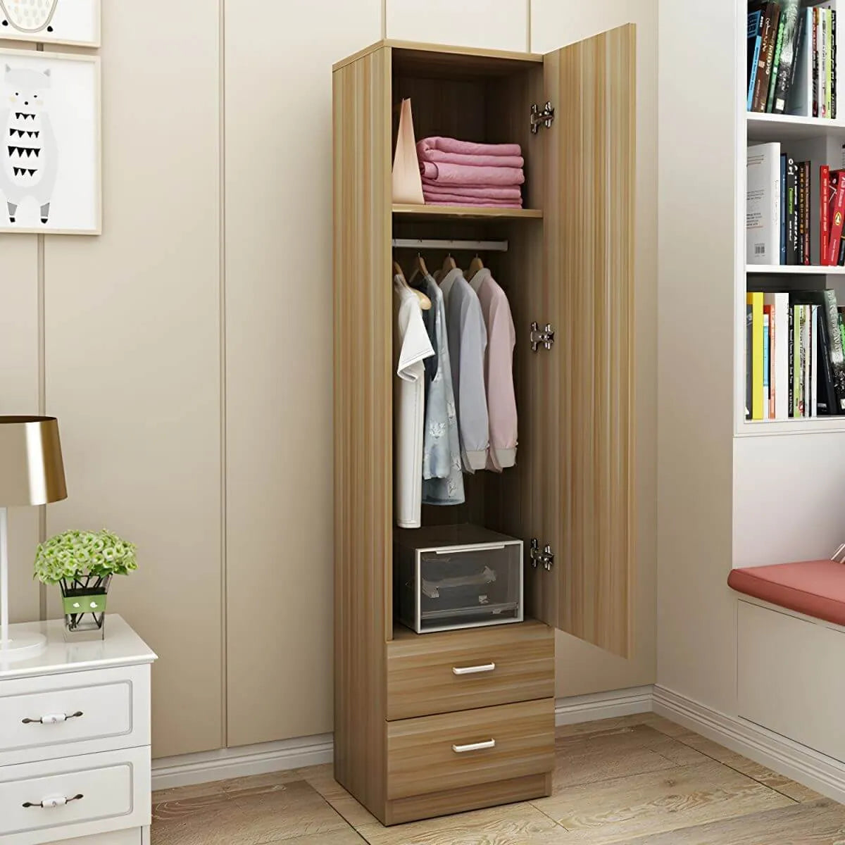 Slim Japandi Wood Armoire Cabinet With Shelves for Small Spaces