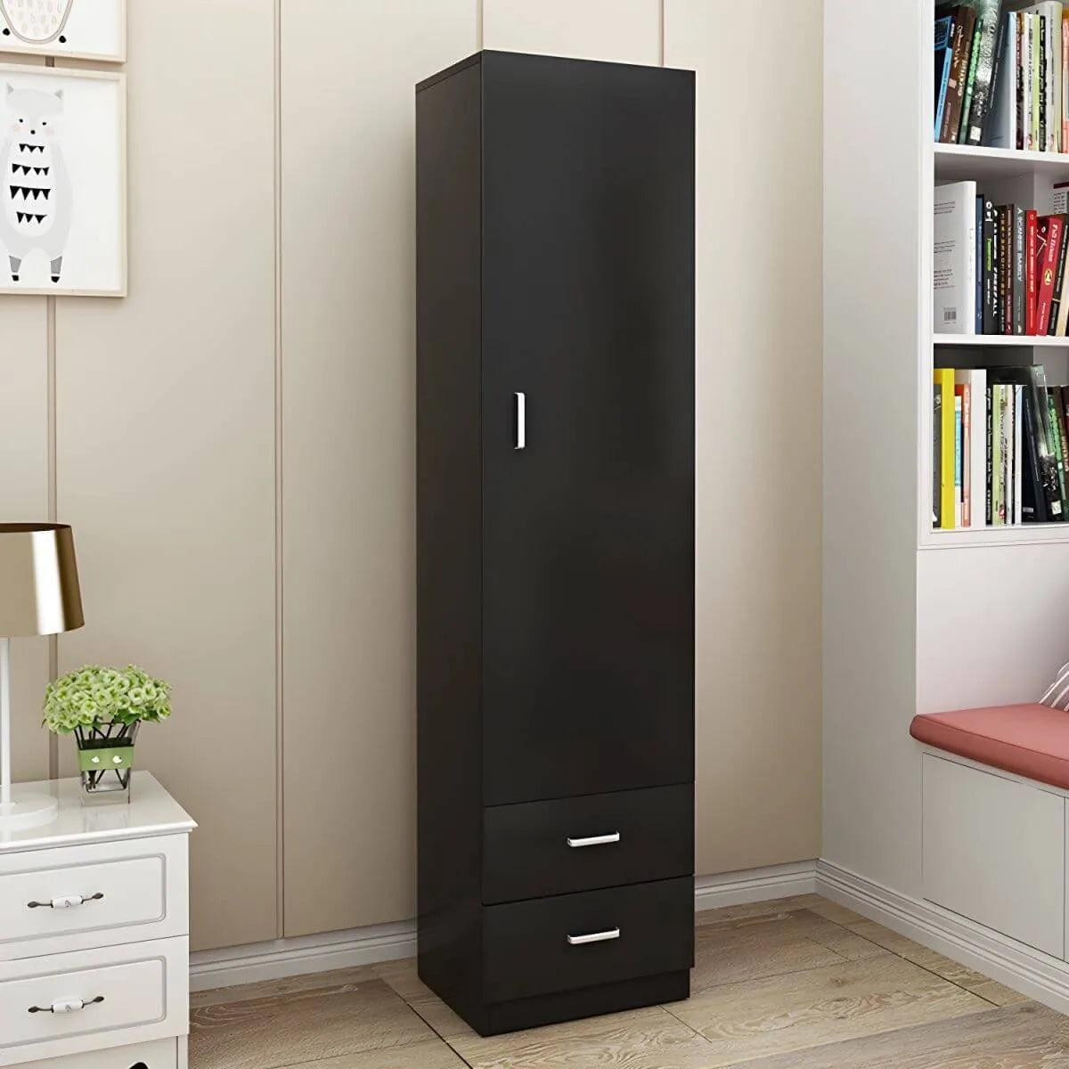 Slim Japandi Wood Armoire Cabinet With Shelves for Small Spaces