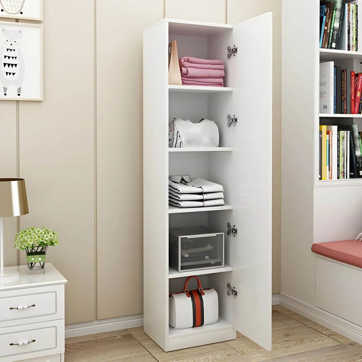 Slim Japandi Wood Armoire Cabinet With Shelves for Small Spaces