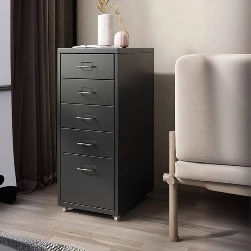 Slim Metal Filing Cabinet With Work Surface and Vertical Storage