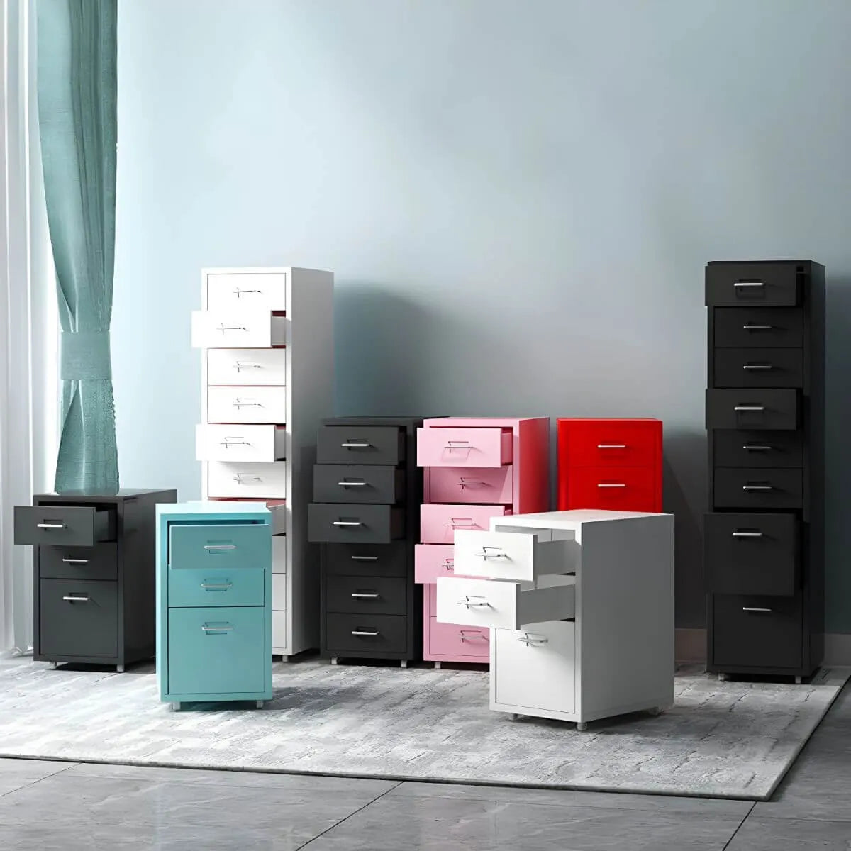 Slim Metal Storage Filing Cabinet Series With Casters And Drawers