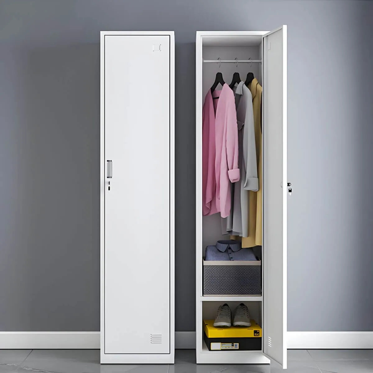 Slim Metal Storage Wardrobe With Lockable Doors And Modular Interior