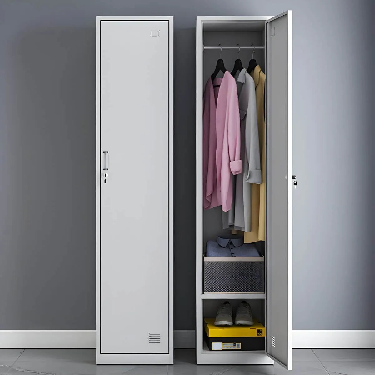 Slim Metal Storage Wardrobe With Lockable Doors And Modular Interior