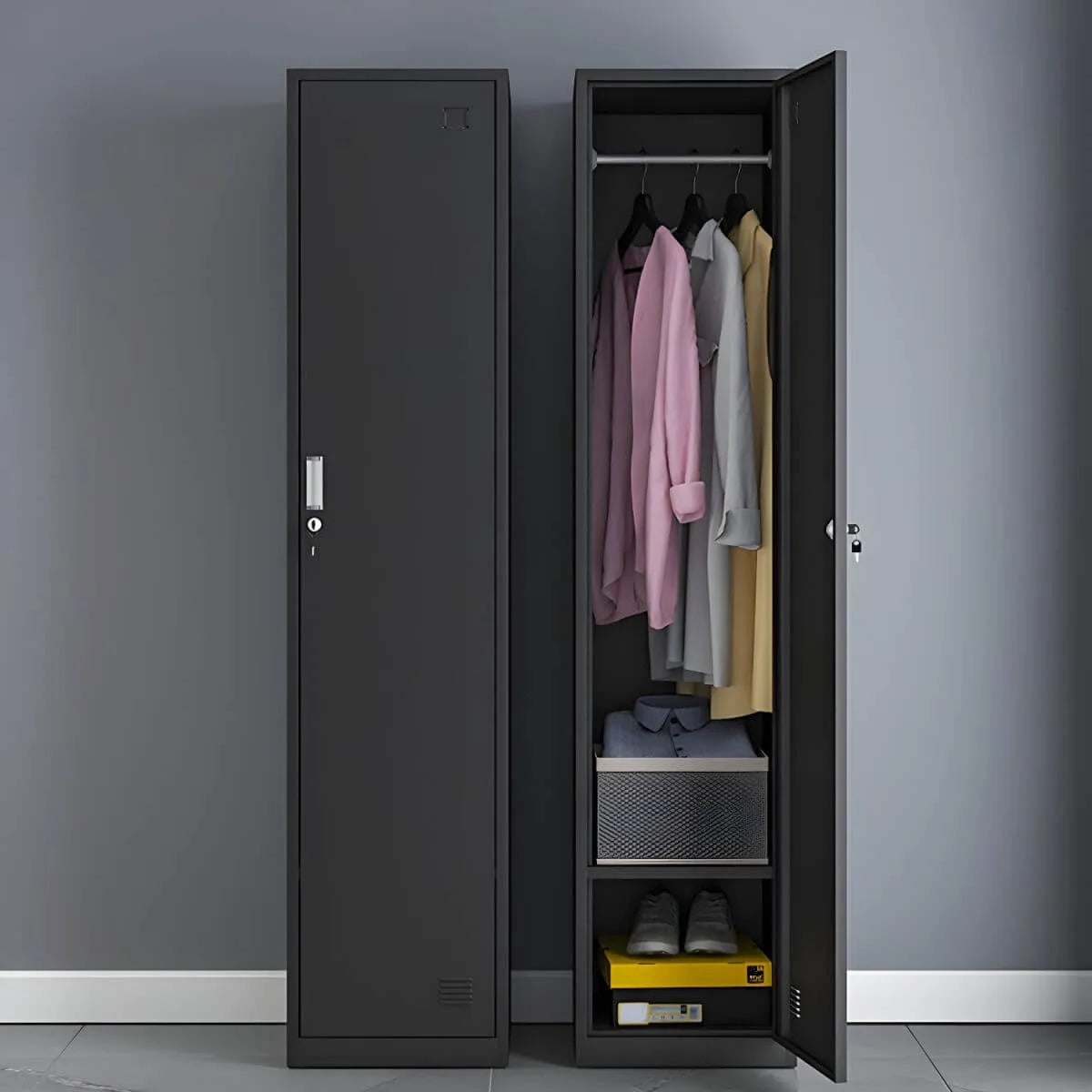 Slim Metal Storage Wardrobe With Lockable Doors And Modular Interior