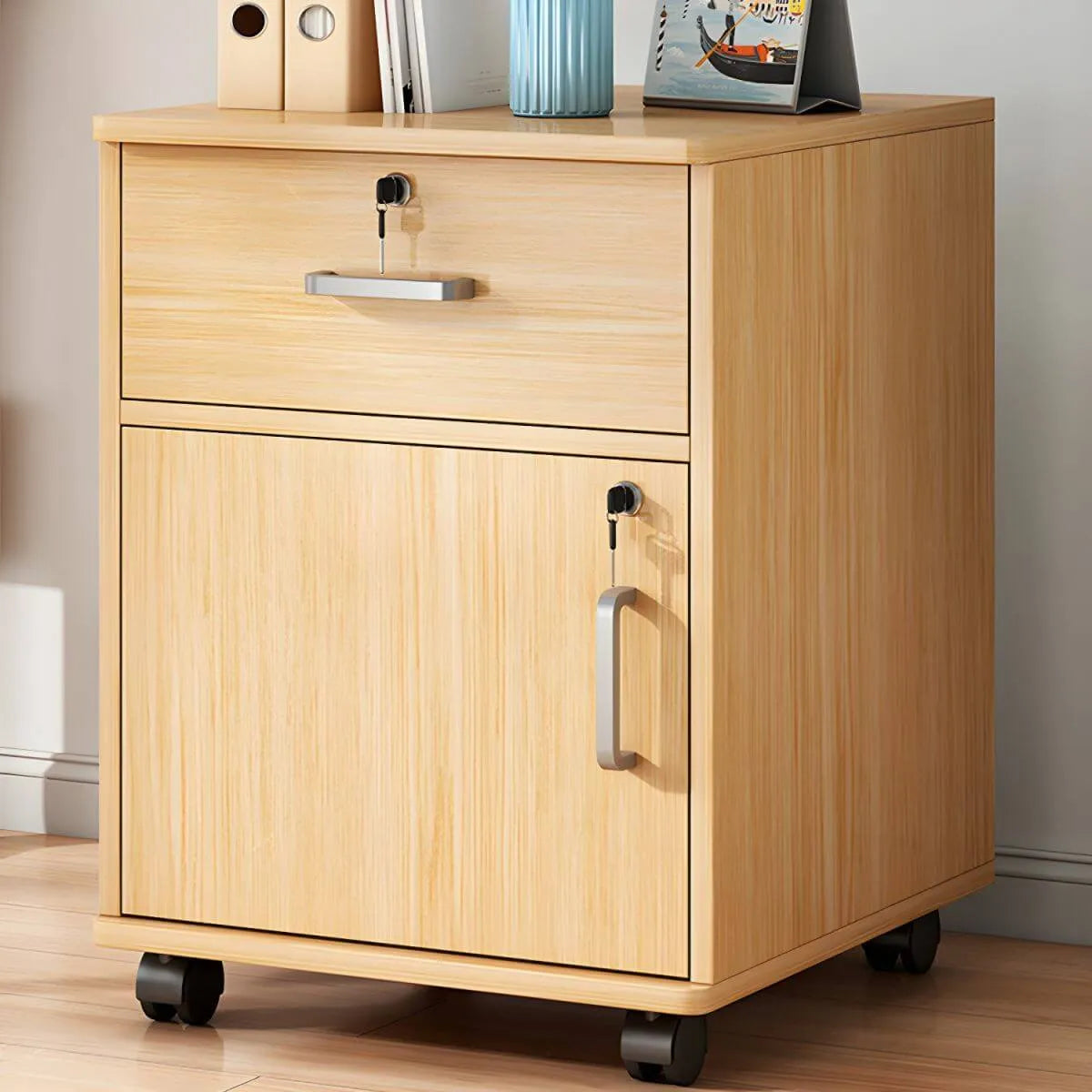 Slim Rolling Wood File Cabinet With Locking Drawers And Rounded Edges