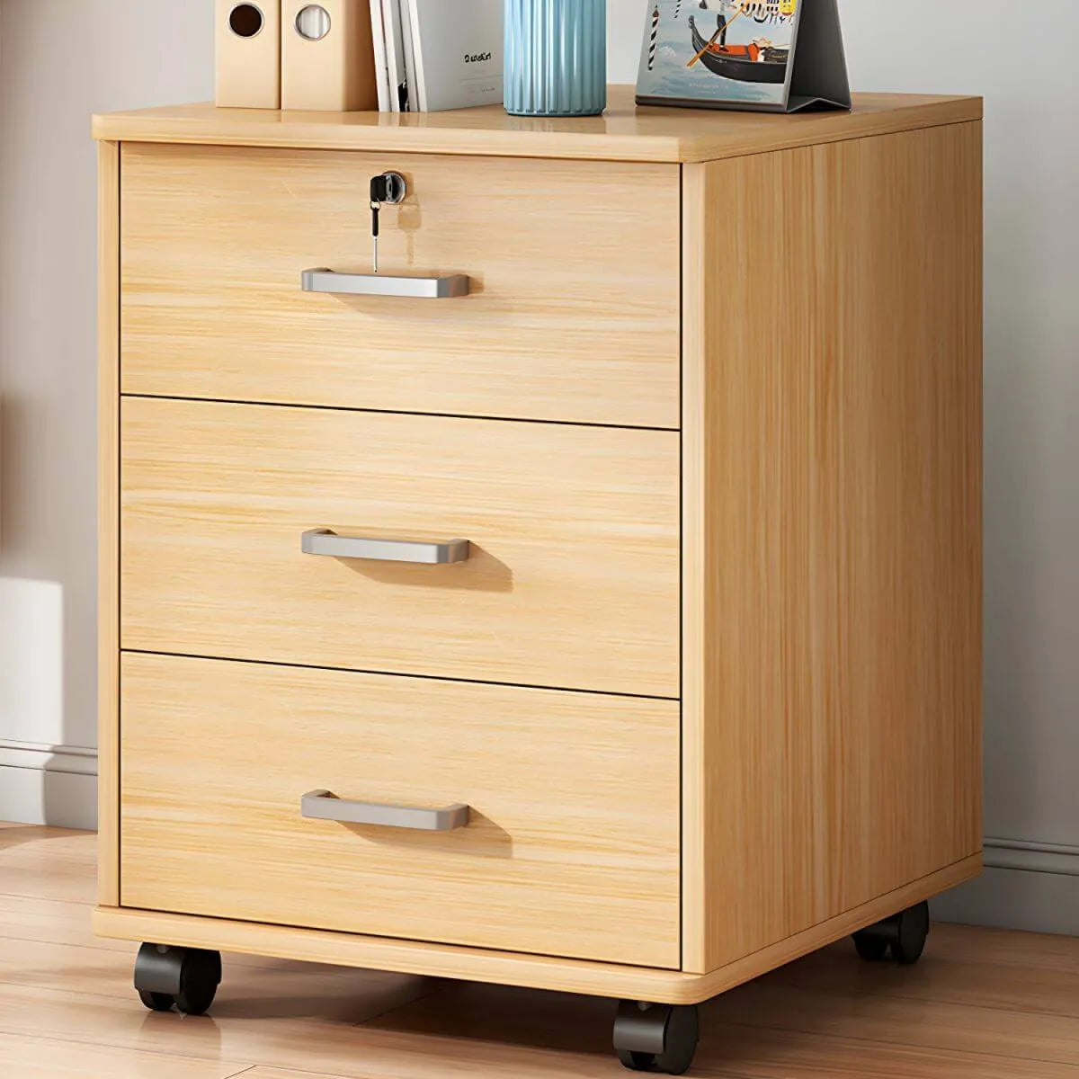Slim Rolling Wood File Cabinet With Locking Drawers And Rounded Edges