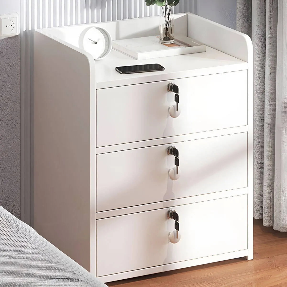 Slim Rolling Wood File Cabinet With Locking Drawers And Rounded Edges