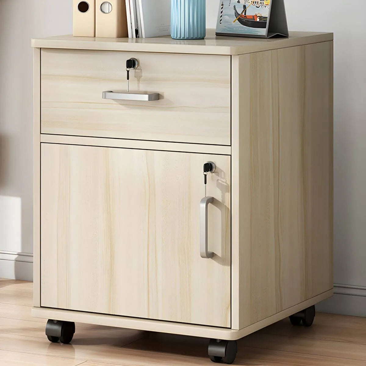 Slim Rolling Wood File Cabinet With Locking Drawers And Rounded Edges