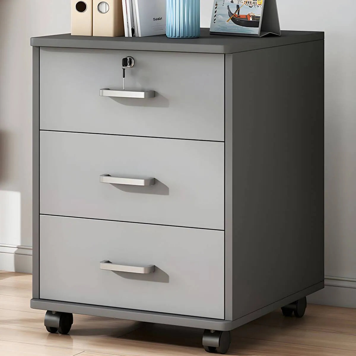 Slim Rolling Wood File Cabinet With Locking Drawers And Rounded Edges