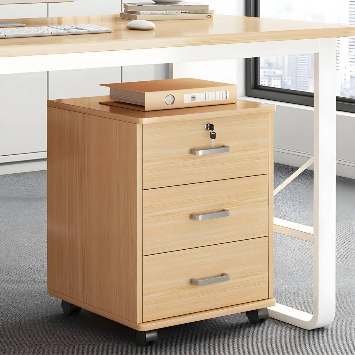 Slim Rolling Wood File Cabinet With Locking Drawers And Rounded Edges Main Product Image