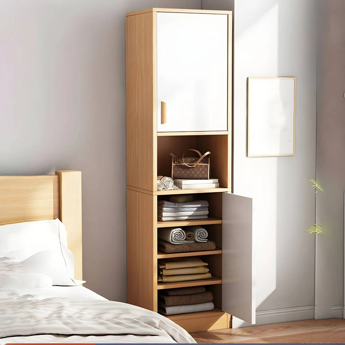 Slim Scandinavian Wardrobe Armoire With Drawers and Shelves