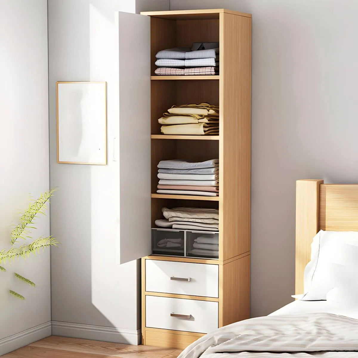 Slim Scandinavian Wardrobe Armoire With Drawers and Shelves