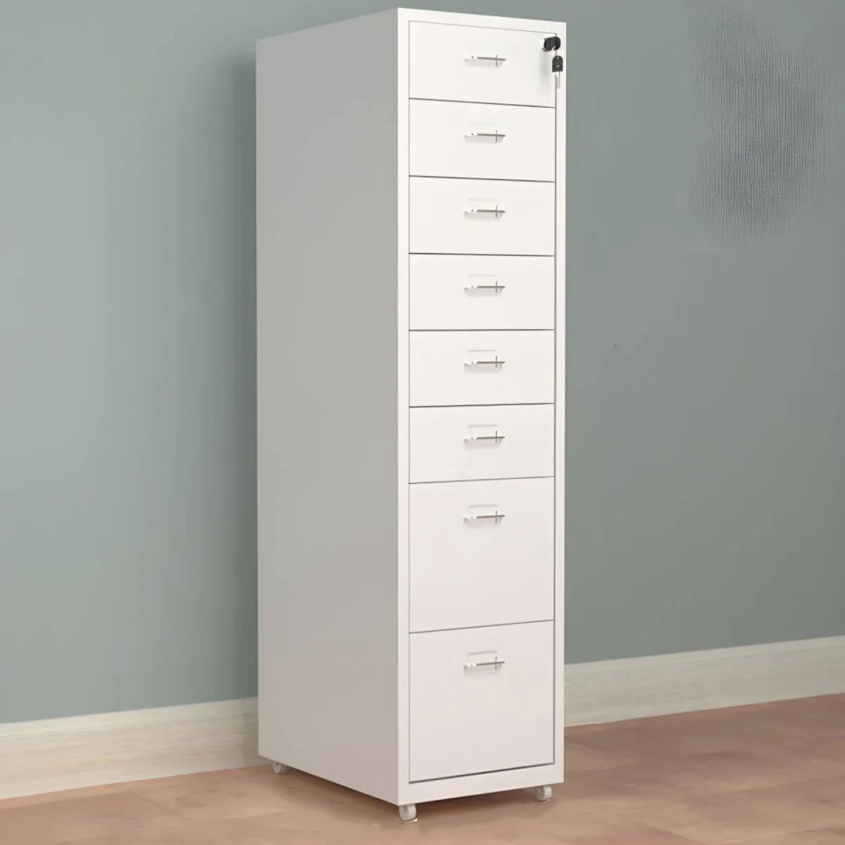 Slim Steel Locking File Cabinet With Casters and Tiered Drawers