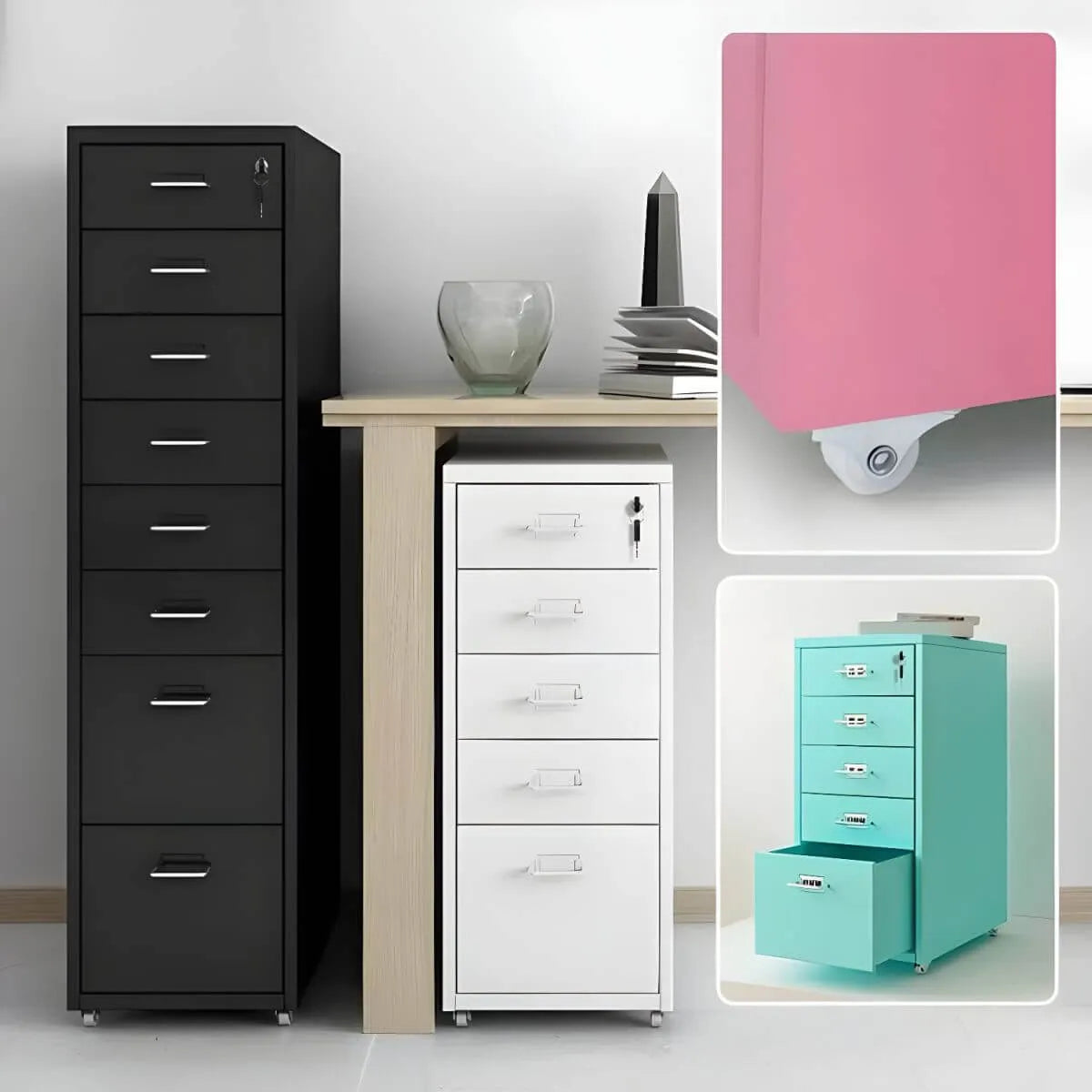 Slim Steel Locking File Cabinet With Casters and Tiered Drawers