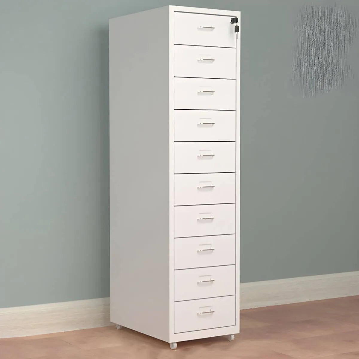 Slim Steel Locking File Cabinet With Casters and Tiered Drawers