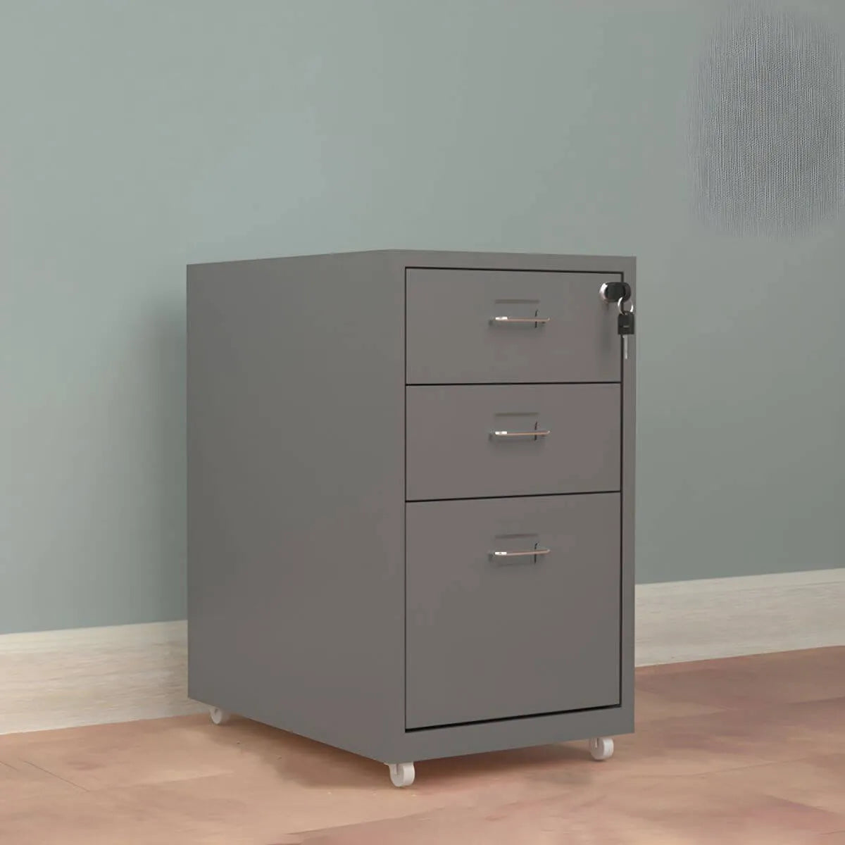 Slim Steel Locking File Cabinet With Casters and Tiered Drawers