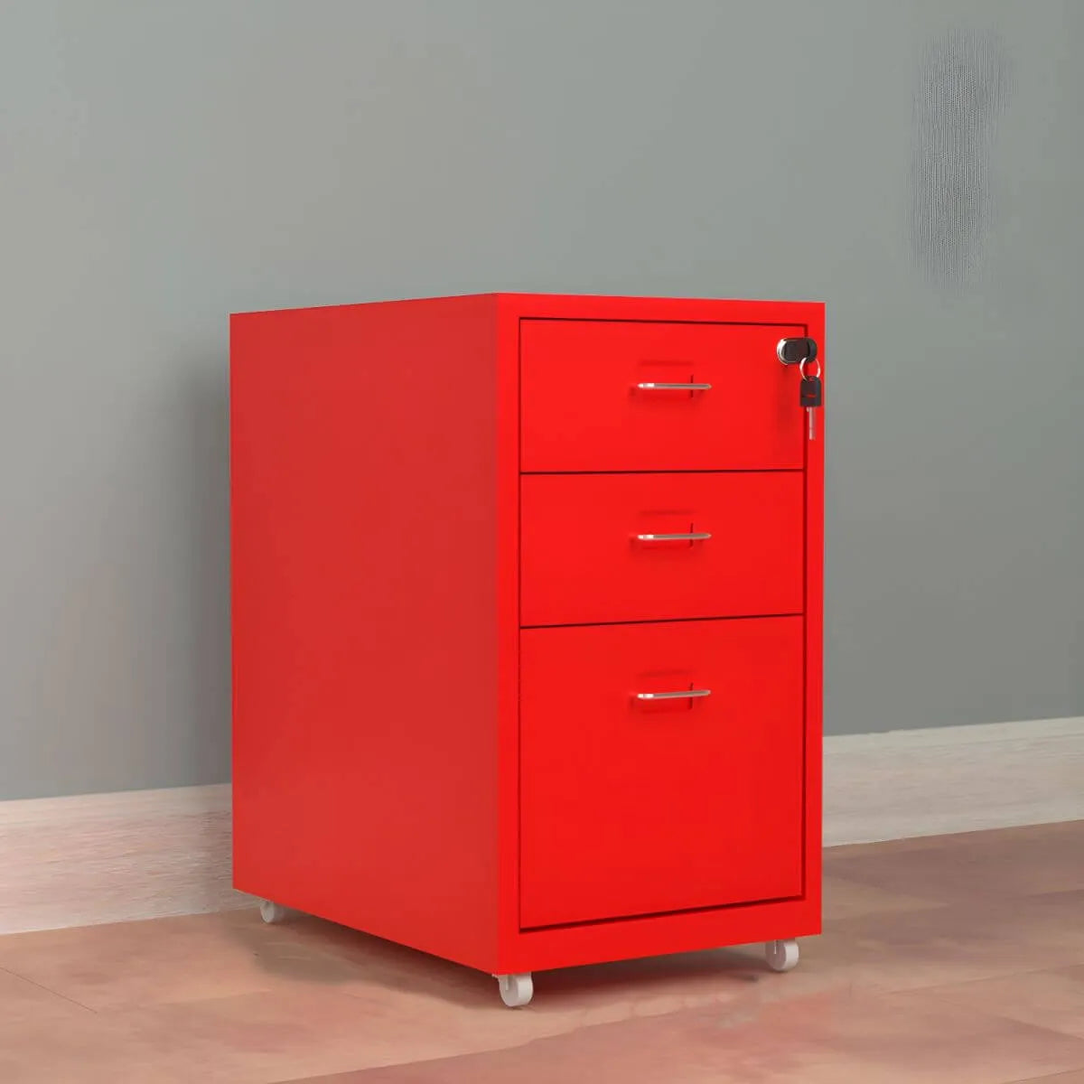 Slim Steel Locking File Cabinet With Casters and Tiered Drawers