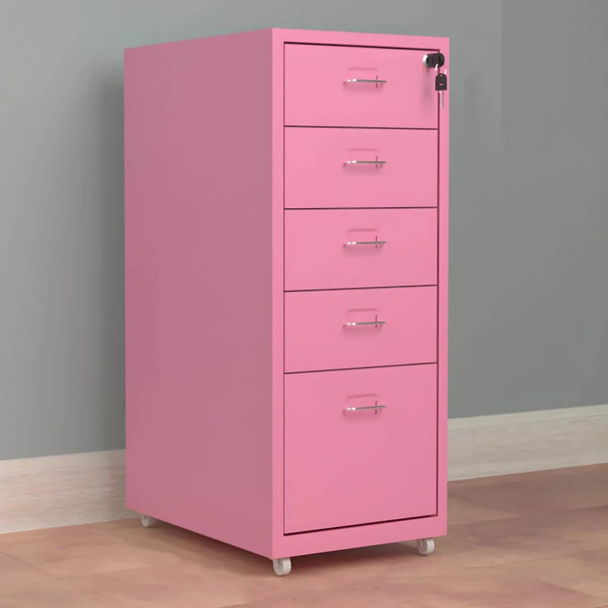 Slim Steel Locking File Cabinet With Casters and Tiered Drawers