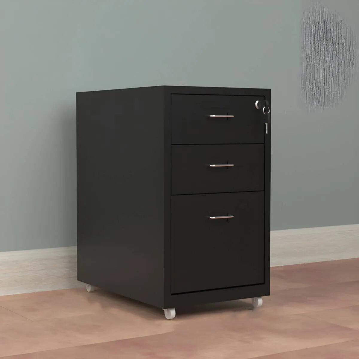 Slim Steel Locking File Cabinet With Casters and Tiered Drawers