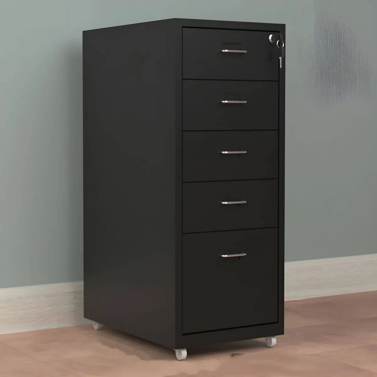Slim Steel Locking File Cabinet With Casters and Tiered Drawers