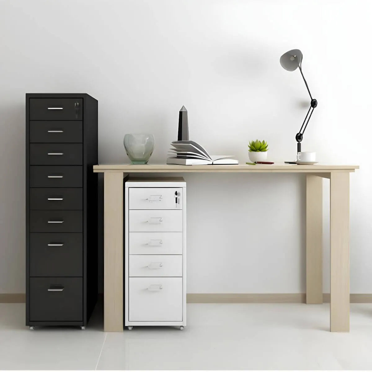 Slim Steel Locking File Cabinet With Casters and Tiered Drawers