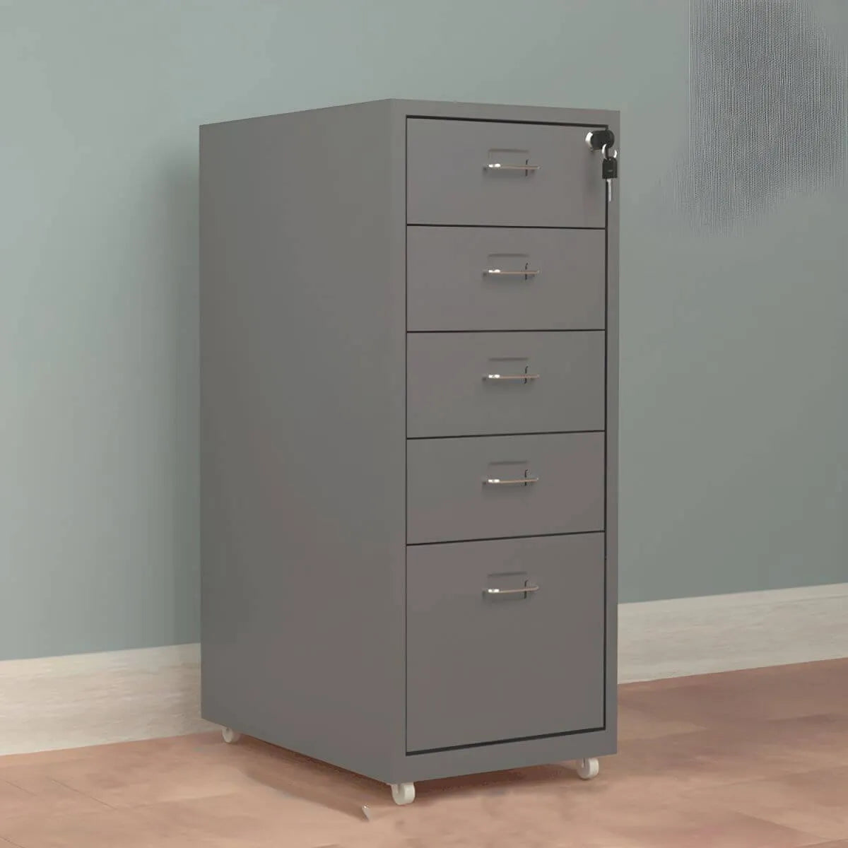 Slim Steel Locking File Cabinet With Casters and Tiered Drawers