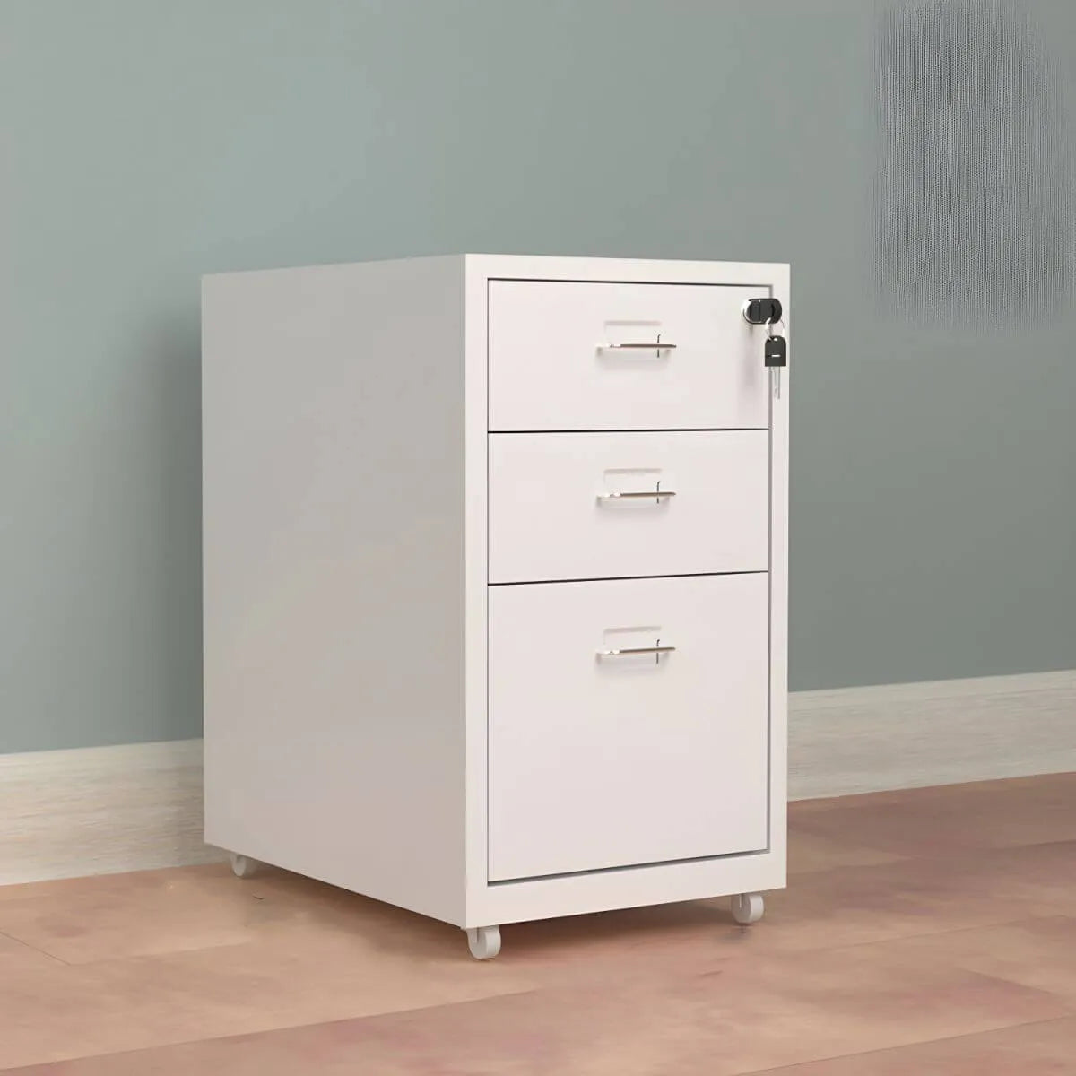 Slim Steel Locking File Cabinet With Casters and Tiered Drawers