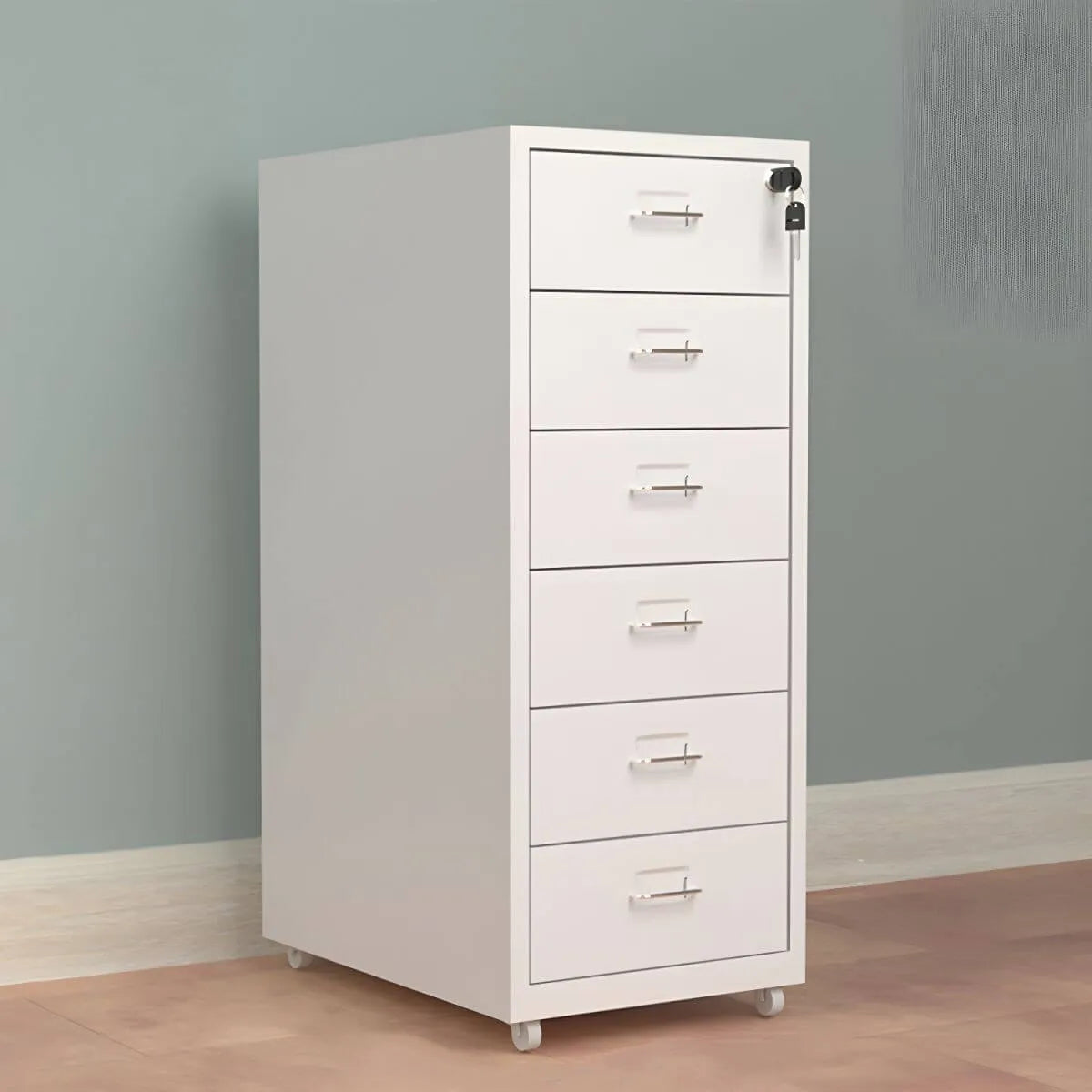 Slim Steel Locking File Cabinet With Casters and Tiered Drawers