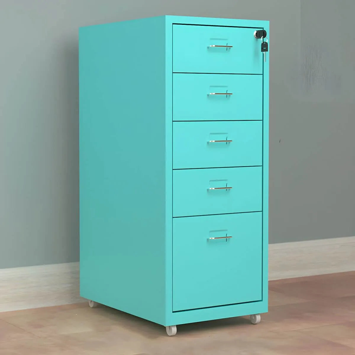 Slim Steel Locking File Cabinet With Casters and Tiered Drawers