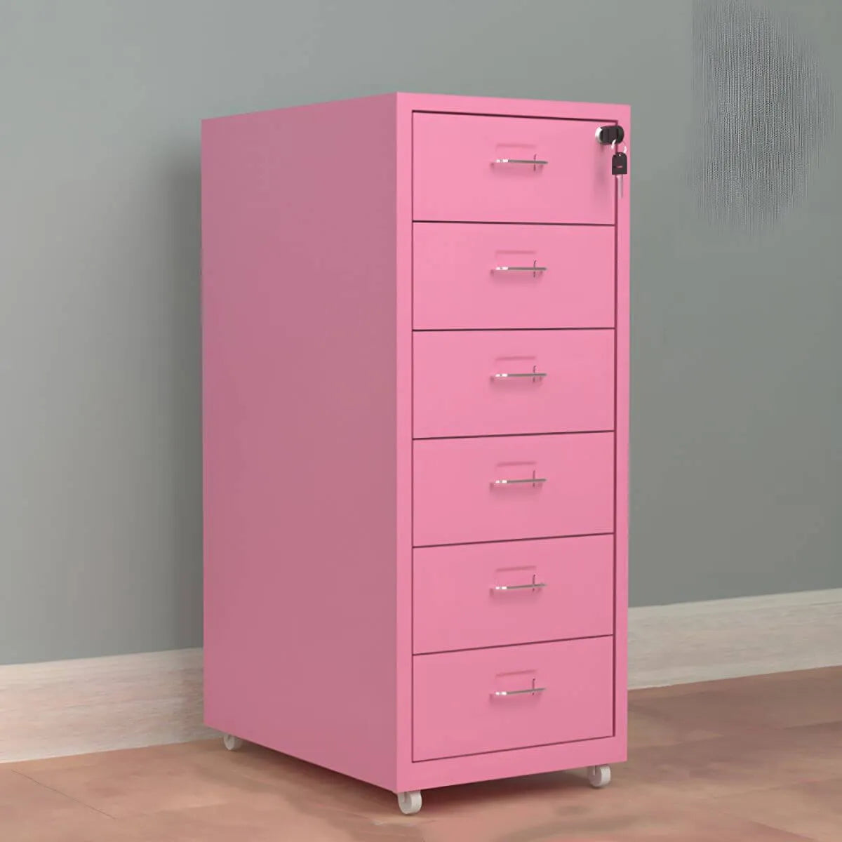 Slim Steel Locking File Cabinet With Casters and Tiered Drawers