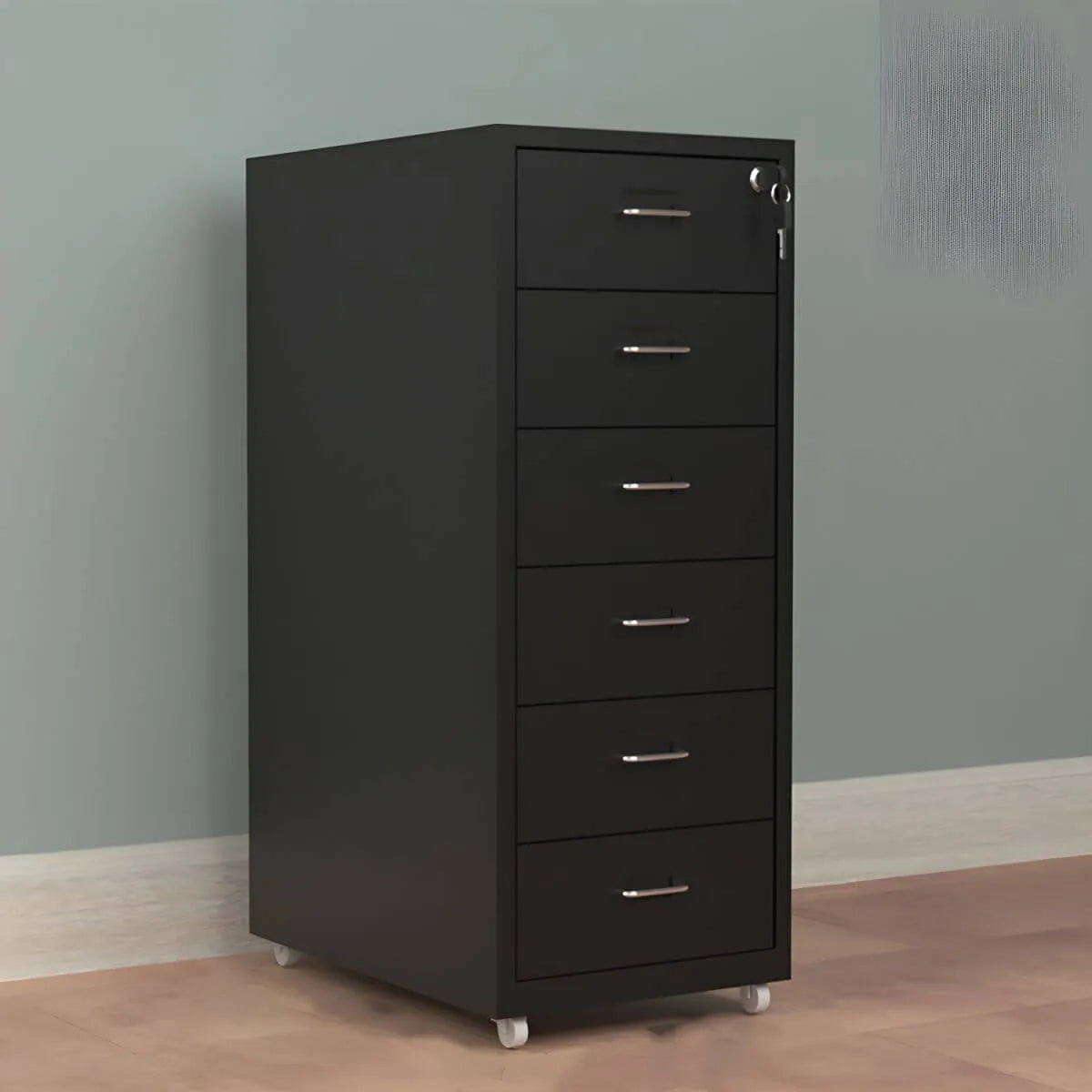 Slim Steel Locking File Cabinet With Casters and Tiered Drawers