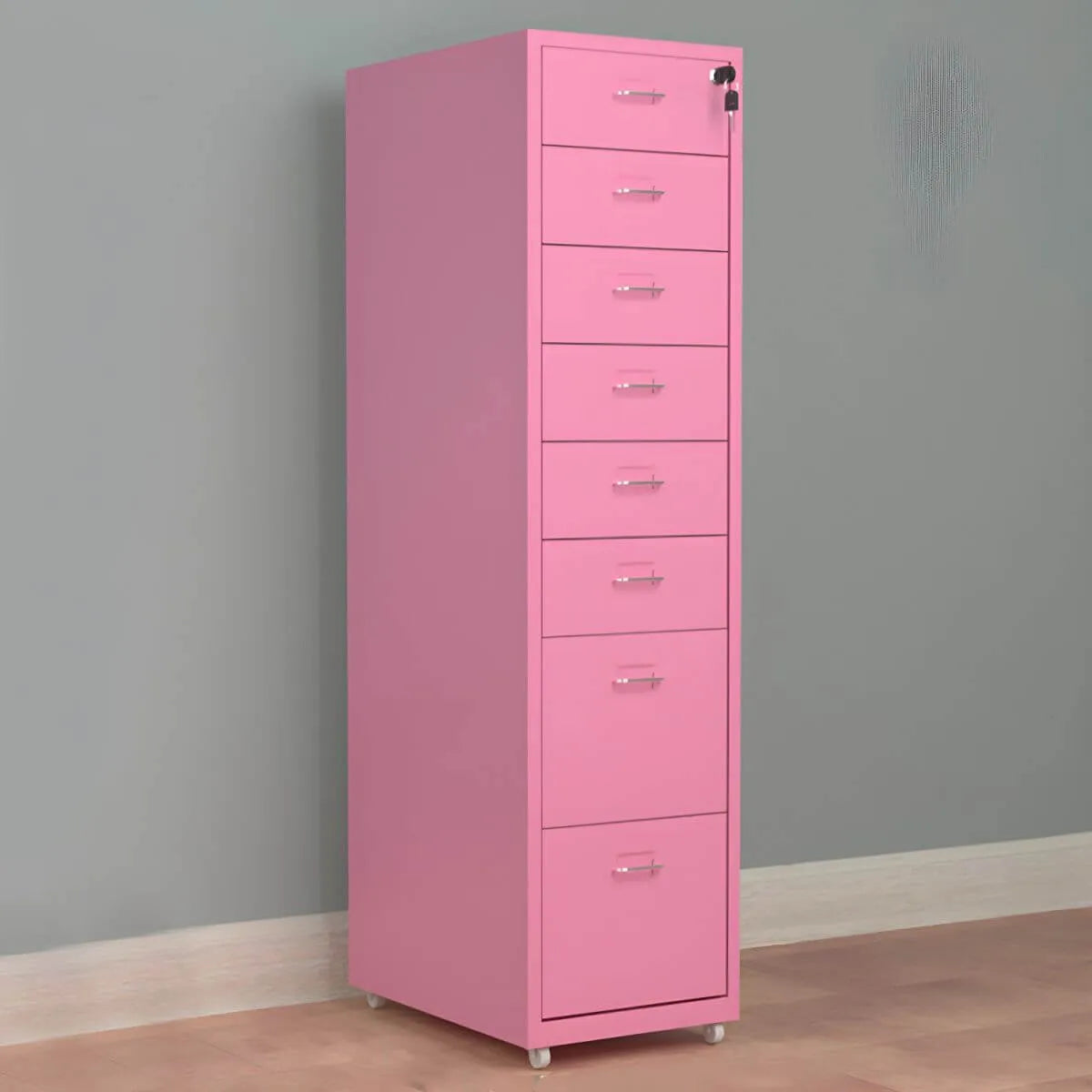 Slim Steel Locking File Cabinet With Casters and Tiered Drawers