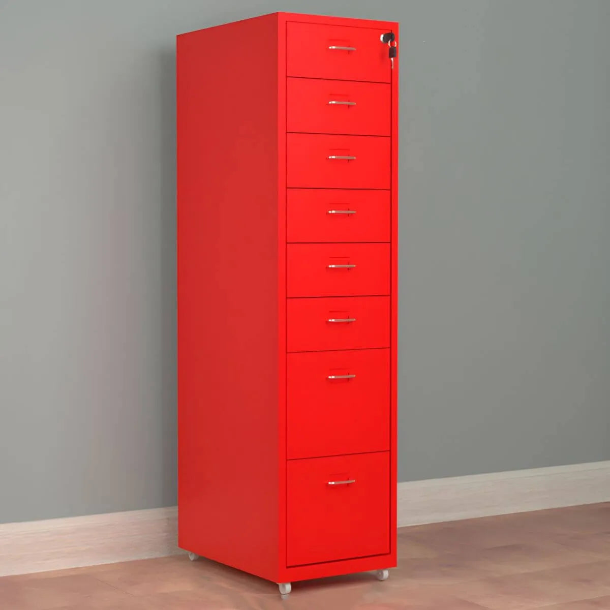Slim Steel Locking File Cabinet With Casters and Tiered Drawers