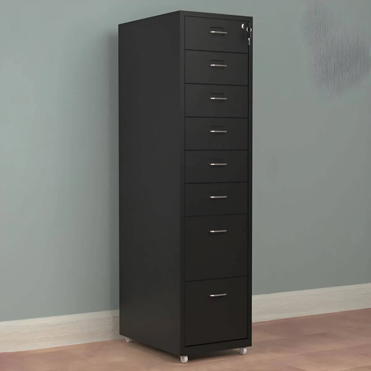 Slim Steel Locking File Cabinet With Casters and Tiered Drawers
