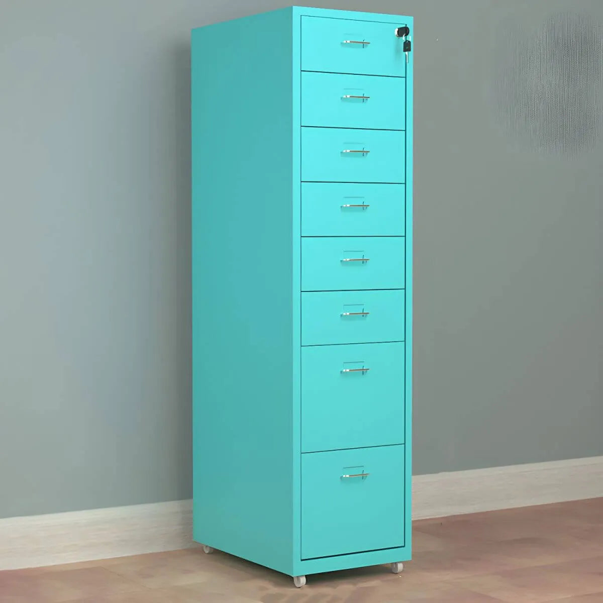 Slim Steel Locking File Cabinet With Casters and Tiered Drawers